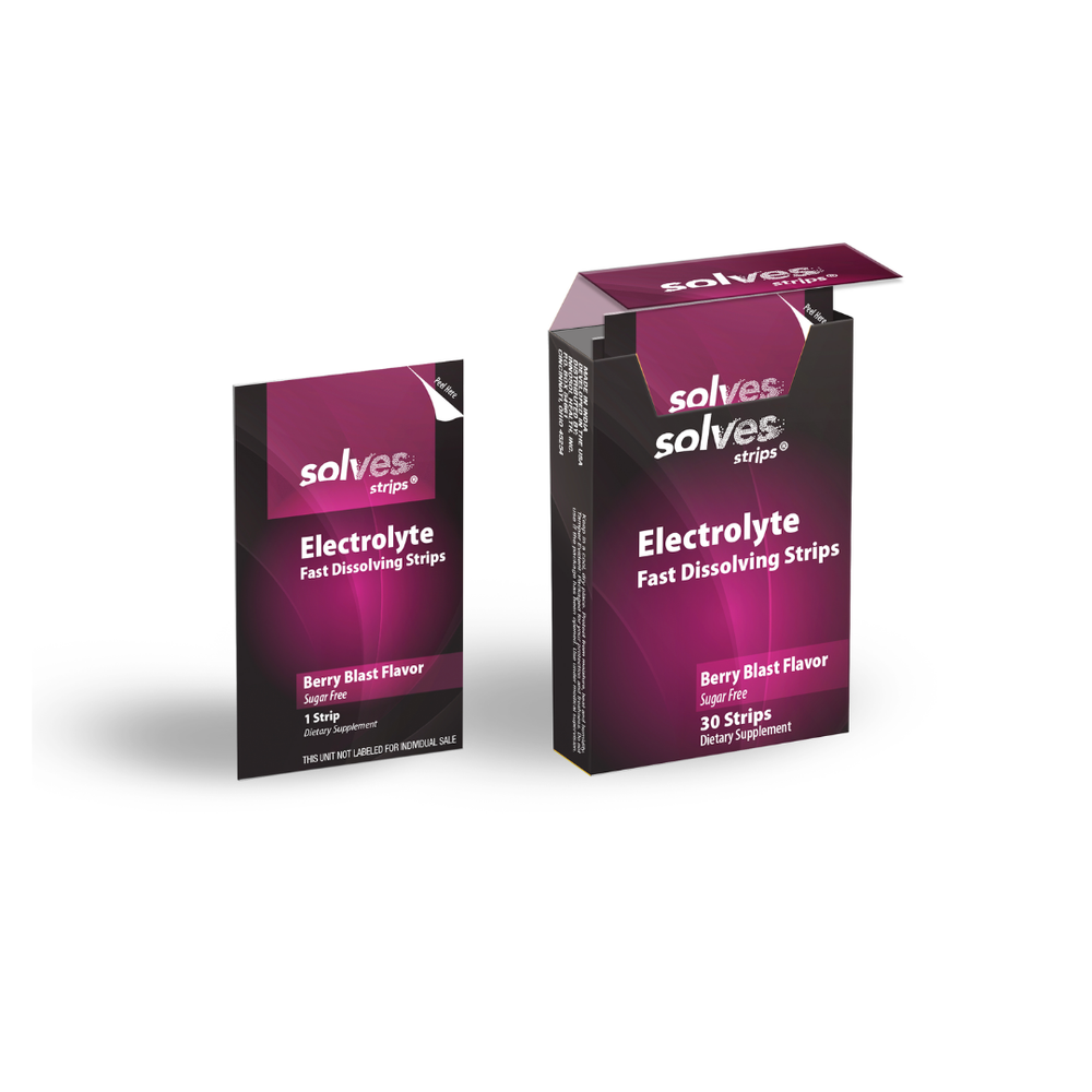 Purple box of Solves Strips Electrolyte Fast Dissolving Strips displayed on a teal background with a light green starburst shape behind it. The packaging reads: 'Electrolyte Fast Dissolving Strips, Berry Blast Flavor, Sugar Free, 30 Strips, Dietary Supplement.' An orange banner at the bottom says 'Electrolyte Strips' in bold white text.