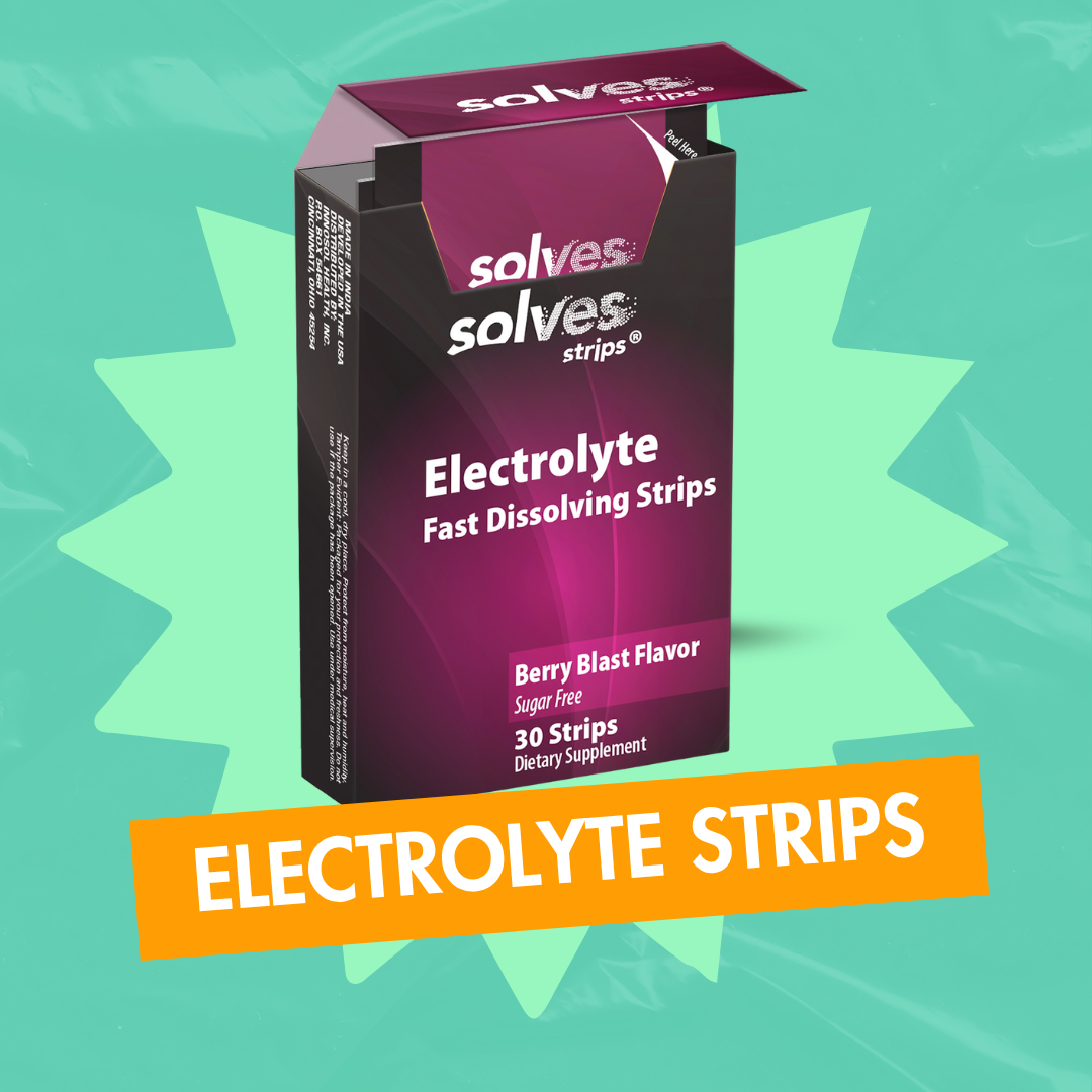Purple box of Solves Strips Electrolyte Fast Dissolving Strips displayed on a teal background with a light green starburst shape behind it. The packaging reads: 'Electrolyte Fast Dissolving Strips, Berry Blast Flavor, Sugar Free, 30 Strips, Dietary Supplement.' An orange banner at the bottom says 'Electrolyte Strips' in bold white text.