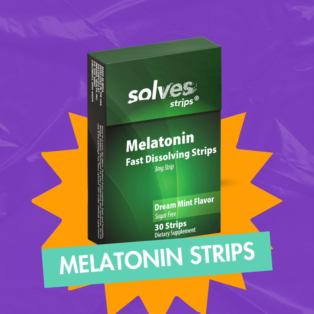 Green box of Solves Strips Melatonin Fast Dissolving Strips displayed on a purple background with an orange starburst shape behind it. The packaging reads: 'Melatonin Fast Dissolving Strips, 3mg Strip, Dream Mint Flavor, Sugar Free, 30 Strips, Dietary Supplement.' A turquoise banner at the bottom says 'Melatonin Strips' in bold white text.