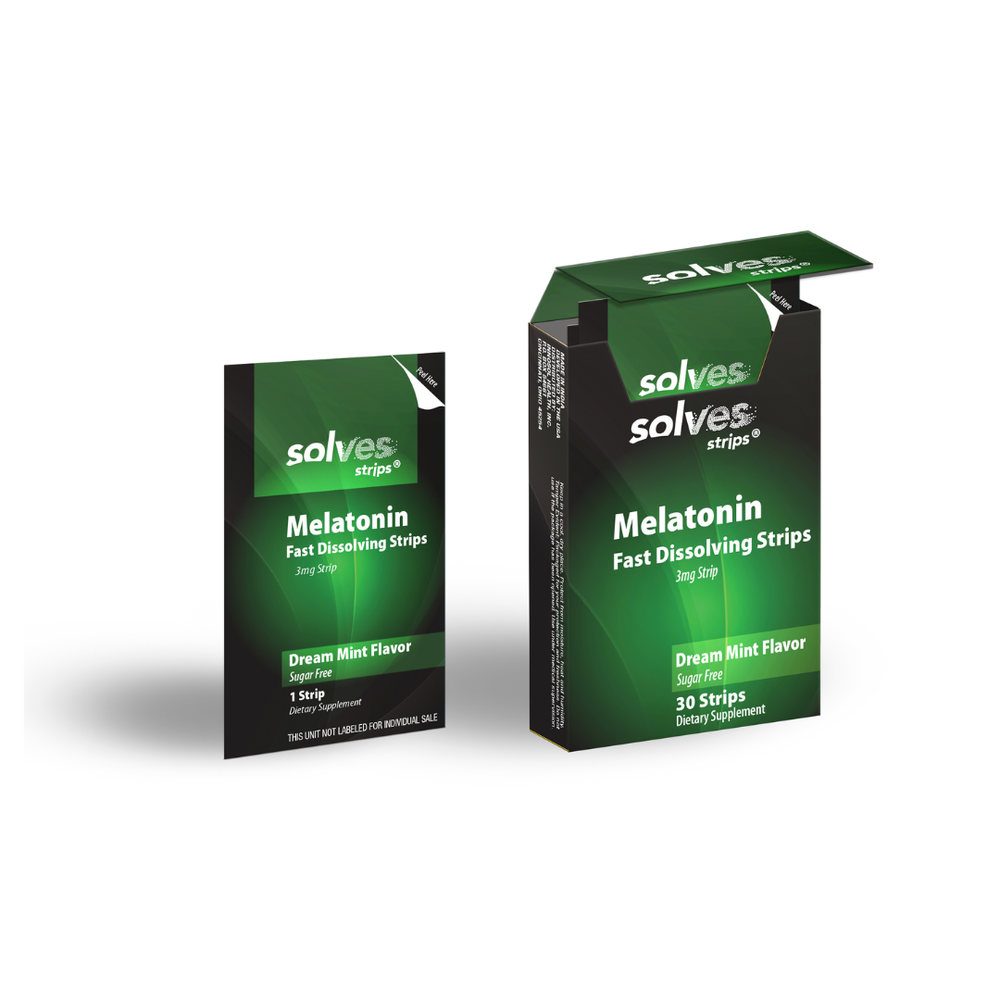 
                  
                    Green box of Solves Strips Melatonin Fast Dissolving Strips displayed on a purple background with an orange starburst shape behind it. The packaging reads: 'Melatonin Fast Dissolving Strips, 3mg Strip, Dream Mint Flavor, Sugar Free, 30 Strips, Dietary Supplement.' A turquoise banner at the bottom says 'Melatonin Strips' in bold white text.
                  
                